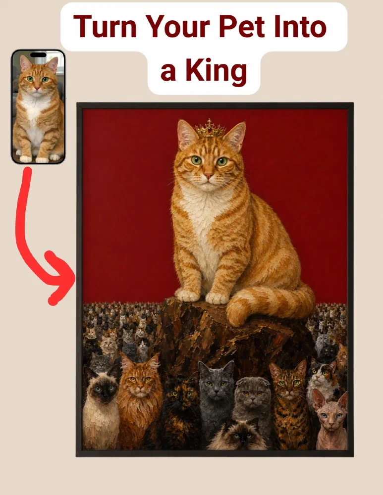 Custom Cat Portrait Digital Download: Royal Cat King Printable from Your Photo
