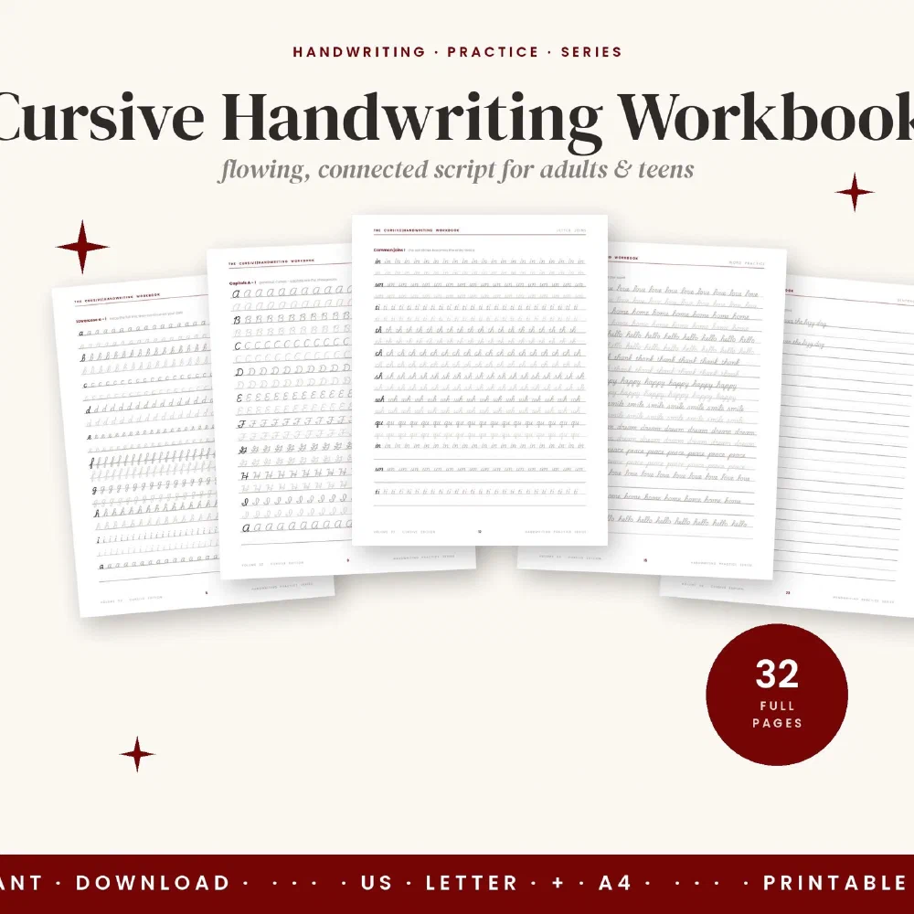 Cursive Handwriting Practice Sheets for Adults: Learn Flowing Cursive from Four Simple Strokes