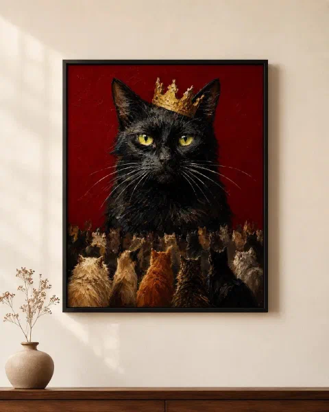 Black Cat King Poster: Crowned Cat Oil Painting for Cat Lovers & Maximalist Decor
