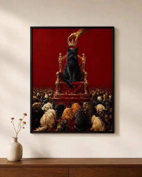 Cat King Poster: Crowned Black Cat & His Court Crimson Wall Art