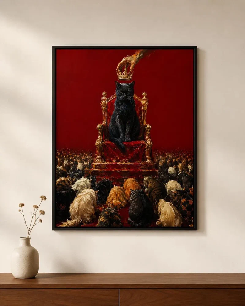 Black Cat on Throne Poster: Cat King Coronation Crimson Wall Art