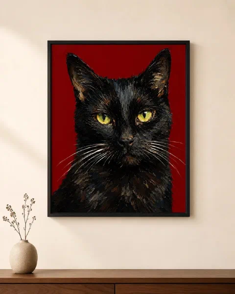 Cat King Poster: Crowned Black Cat & His Court Crimson Wall Art