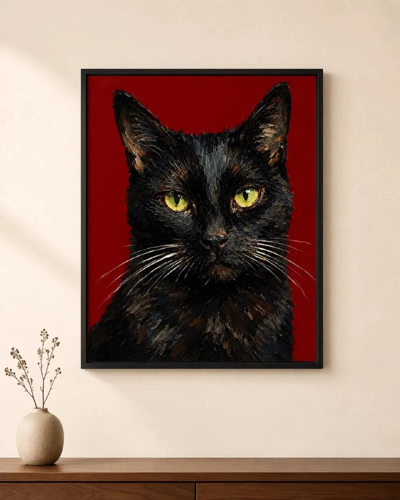 Black Cat Portrait Poster: Moody Crimson Oil-Painting Wall Art for Cat Lovers