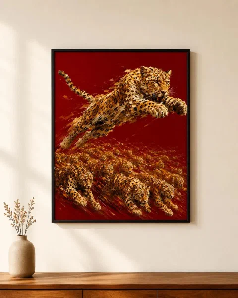 Cat King Poster: Crowned Black Cat & His Court Crimson Wall Art