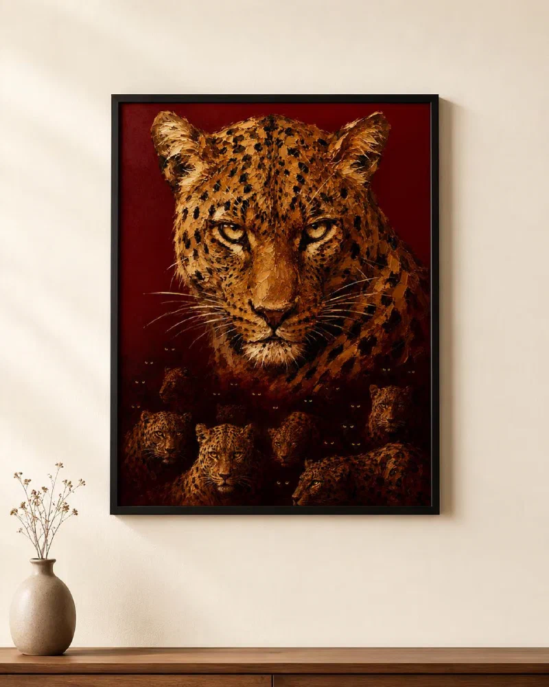 Leopard Poster with Hidden Leopards: Surreal Crimson Oil Painting Wall Art