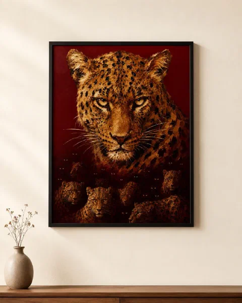 Leopard Poster with Hidden Leopards: Surreal Crimson Oil Painting Wall Art