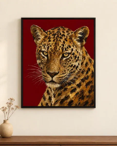Leopard Oil Painting Poster: Bold Crimson Animal Wall Art for a Statement Room