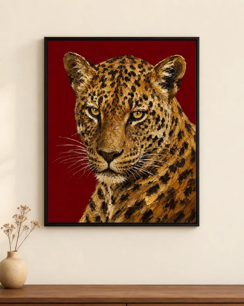 Leopard Oil Painting Poster: Bold Crimson Animal Wall Art for a Statement Room