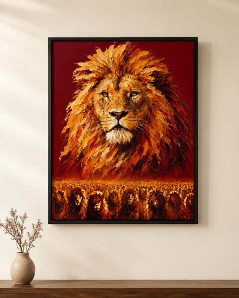 Lion King Oil Painting Poster: Regal Crimson Wall Art for Office & Living Room