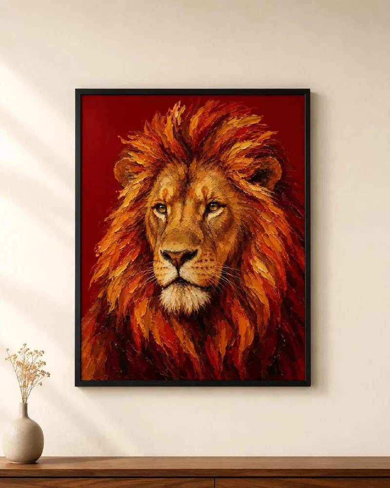 Lion Portrait Oil Painting Poster: Regal Crimson Wall Art for Office & Living Room
