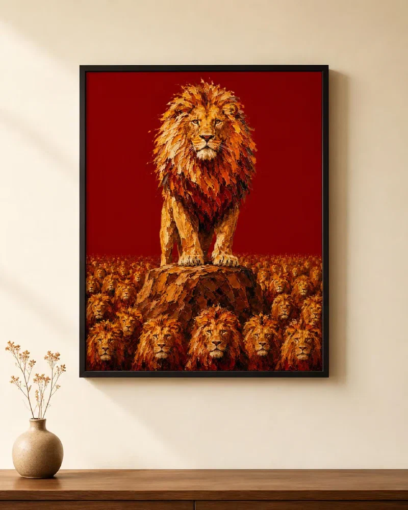 Lion Pride Oil Painting Poster: King of the Jungle Crimson Wall Art