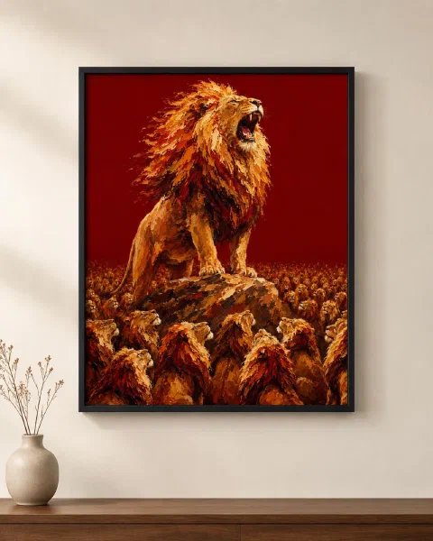 Leaping Leopard Poster: Dynamic Crimson Oil-Painting Wall Art for Gym & Office