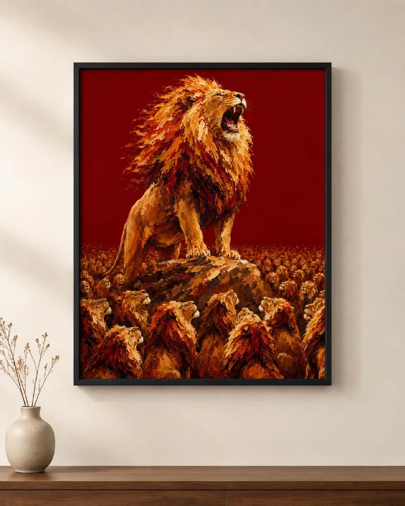 Roaring Lion Poster: King of the Jungle Crimson Oil-Painting Wall Art