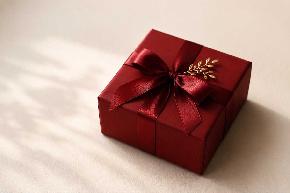 A deep red gift box with a satin ribbon and gold accent