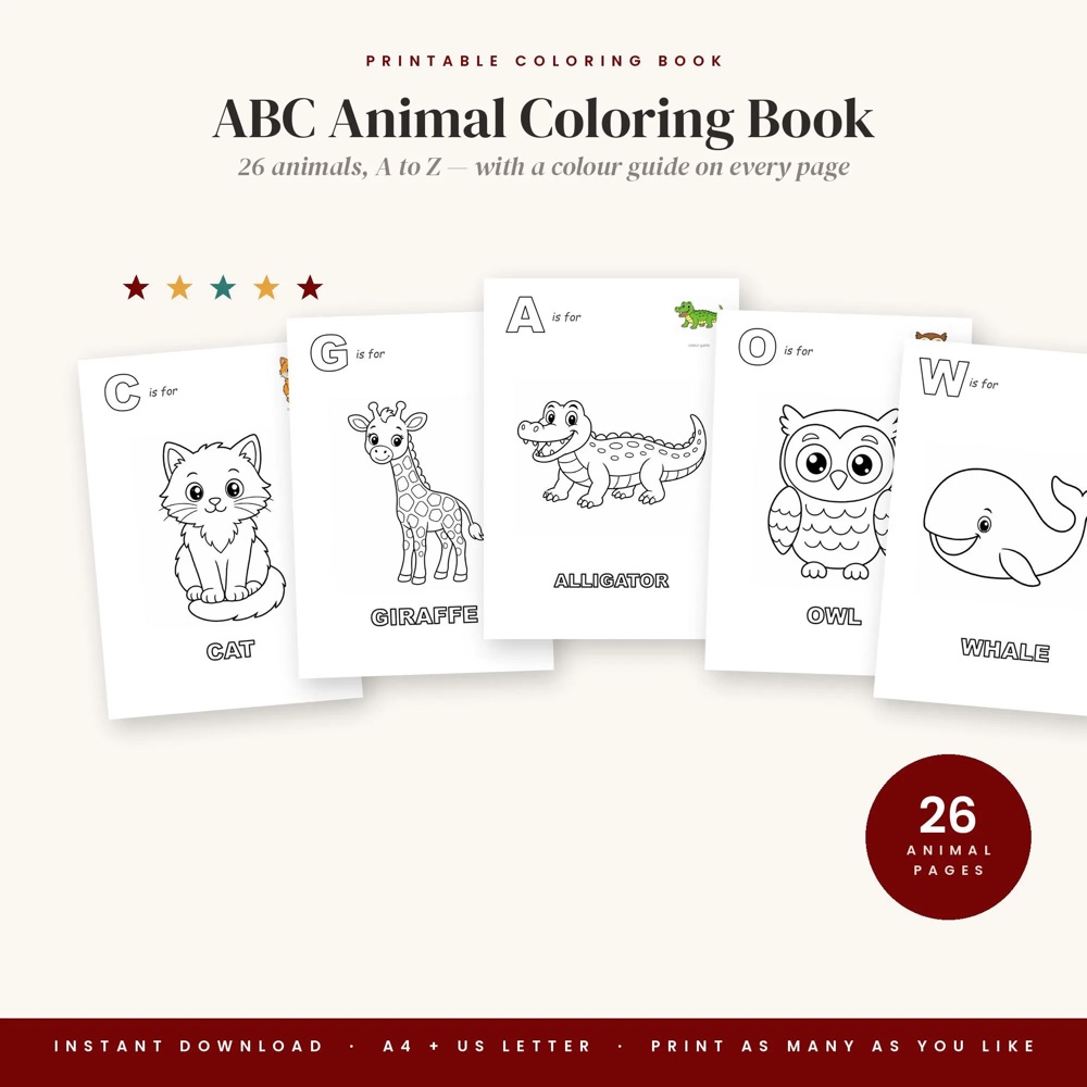 ABC Animal Coloring Book Printable, 26 Alphabet Coloring Pages for Kids with Colour Guide, Toddler Activity PDF