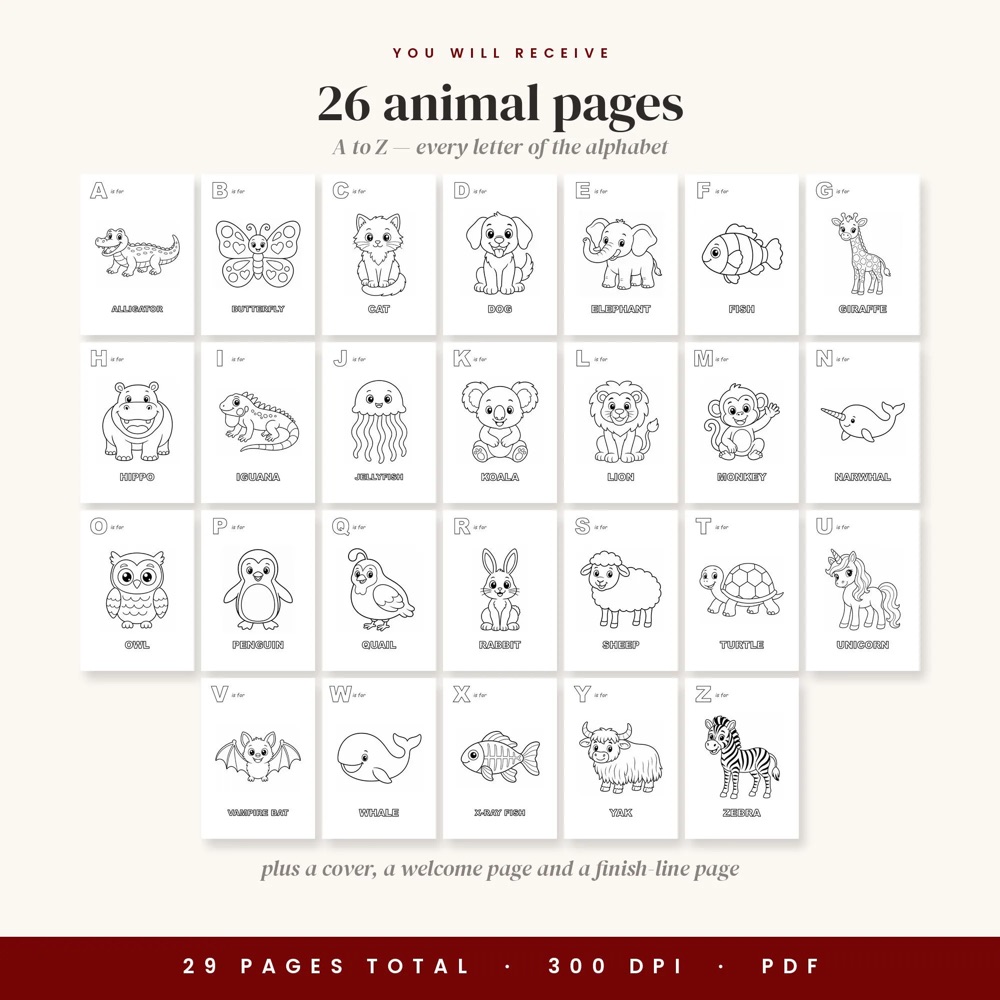 Baby Shower ABC Coloring Book Printable, Alphabet Activity for Guests, Baby's First Book Keepsake, 26 Pages PDF