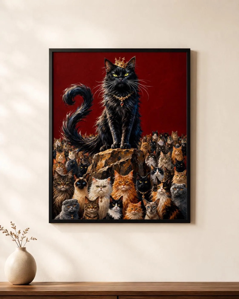 Cat King Poster, Crowned Black Cat Court Crimson Oil Painting Maximalist Wall Art, 8x10 to 27x40