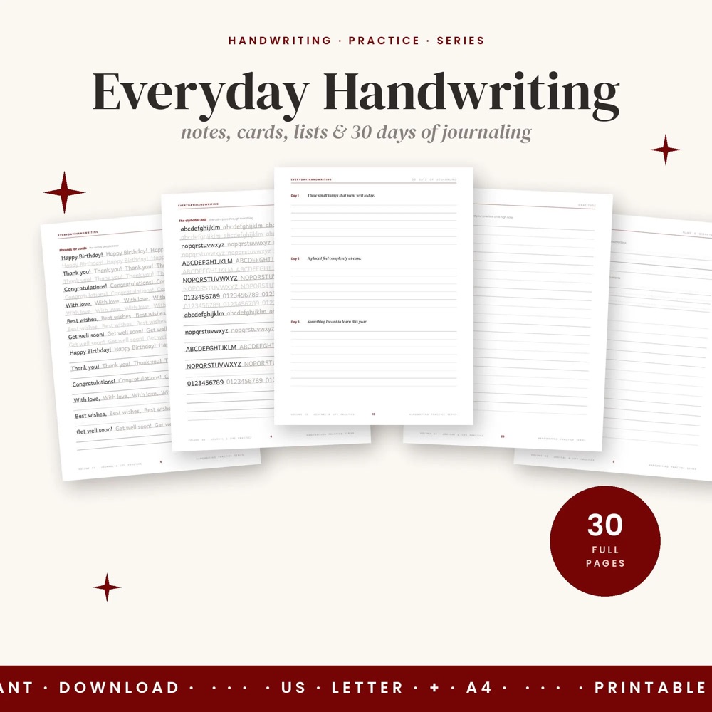 Handwriting Practice & Guided Journal, 30 Days of Journaling Prompts, Printable PDF Workbook