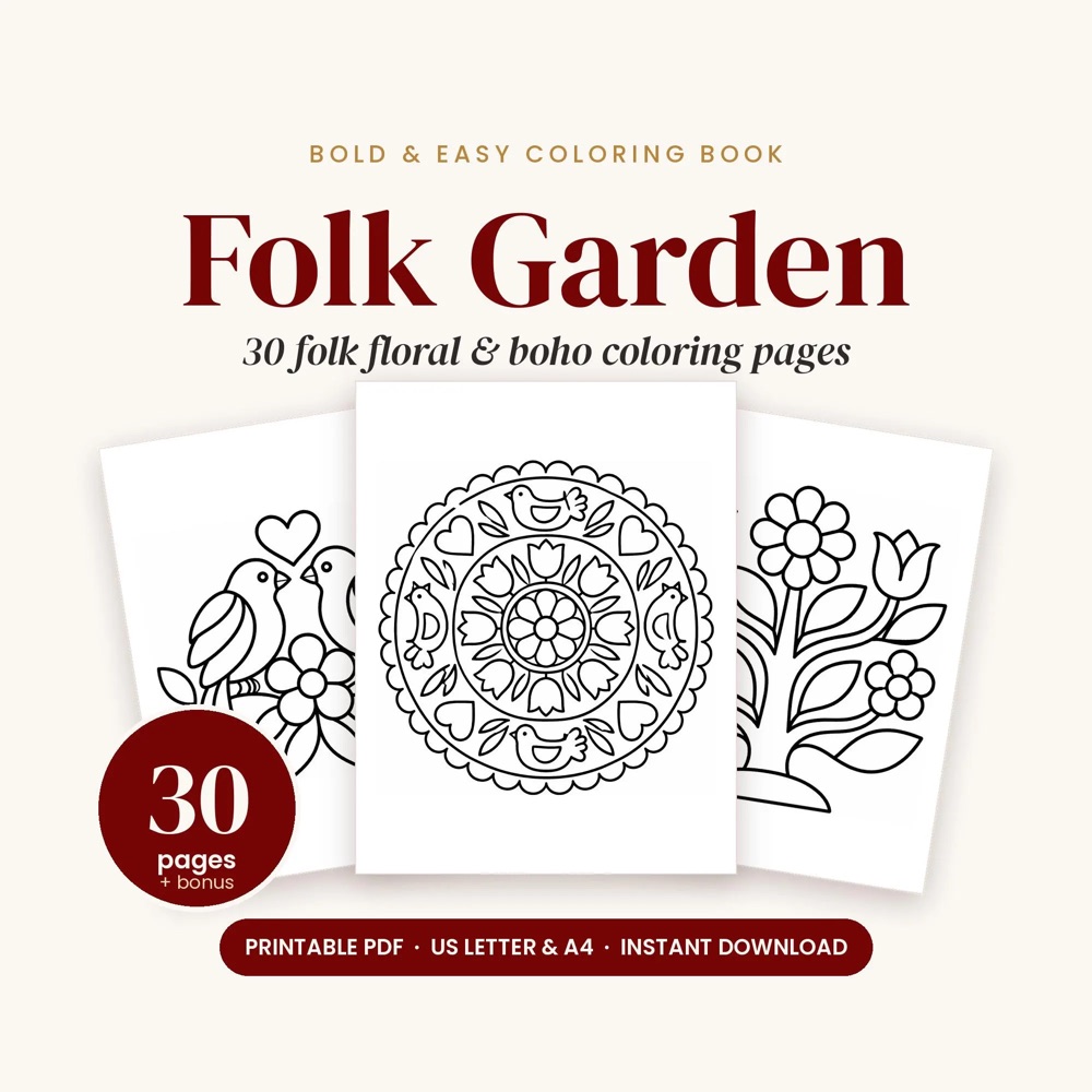 Folk Floral Coloring Pages for Adults, 30 Bold and Easy Boho Designs, Printable PDF