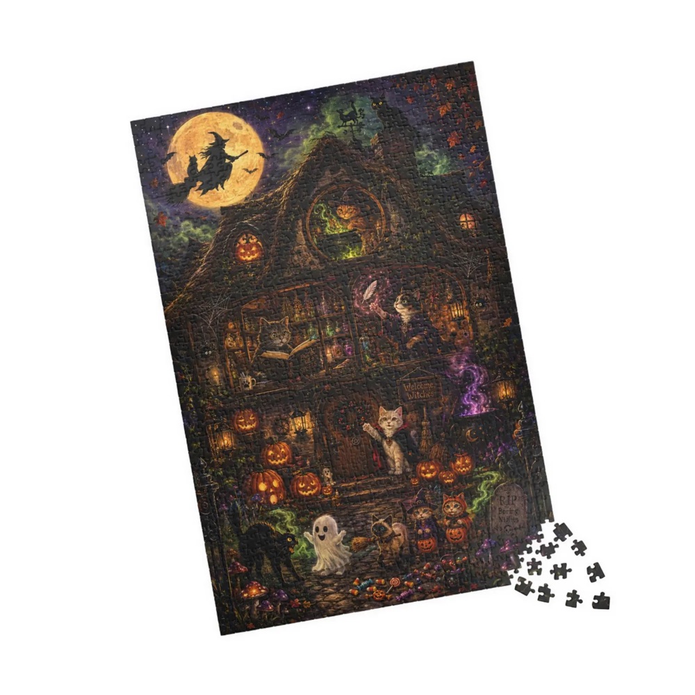 1000 Piece Halloween Puzzle, Witch Cat Cottage Jigsaw, 1014 Piece