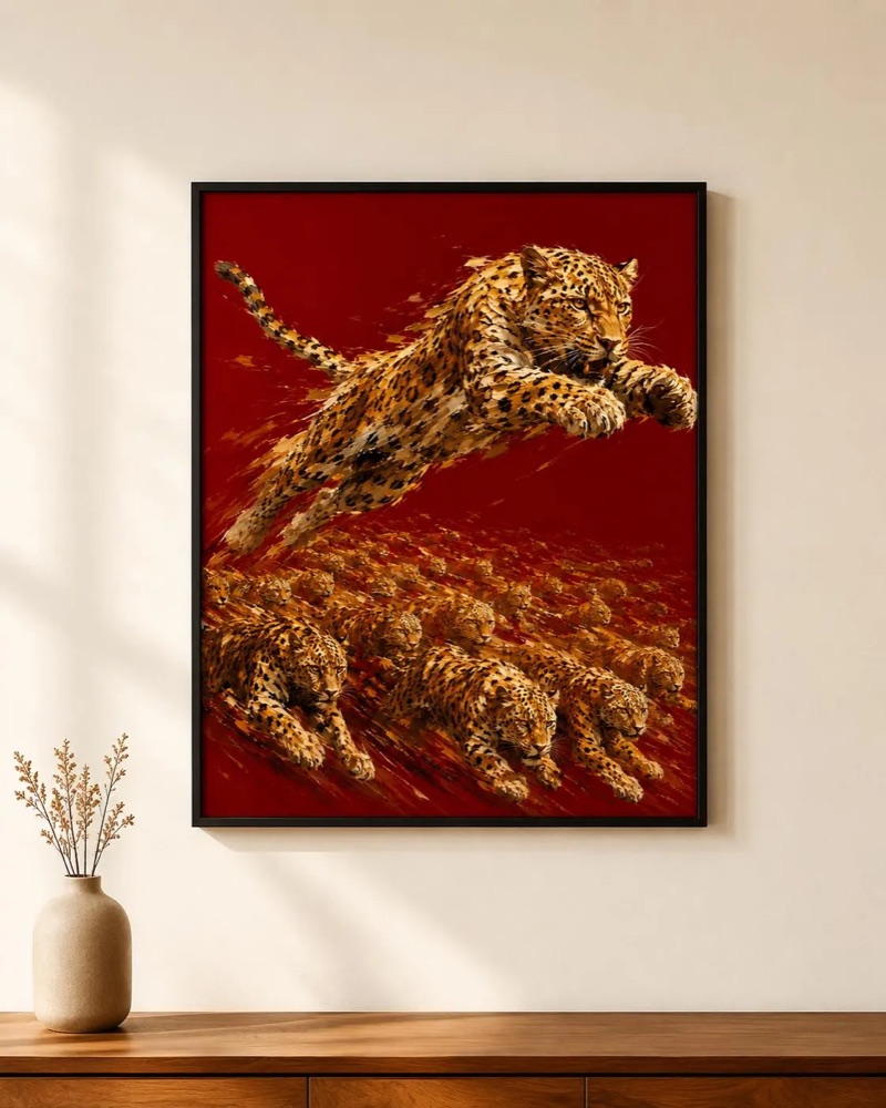 Leaping Leopard Poster, Crimson Oil Painting Dynamic Big Cat Wall Art, 8x10 to 27x40