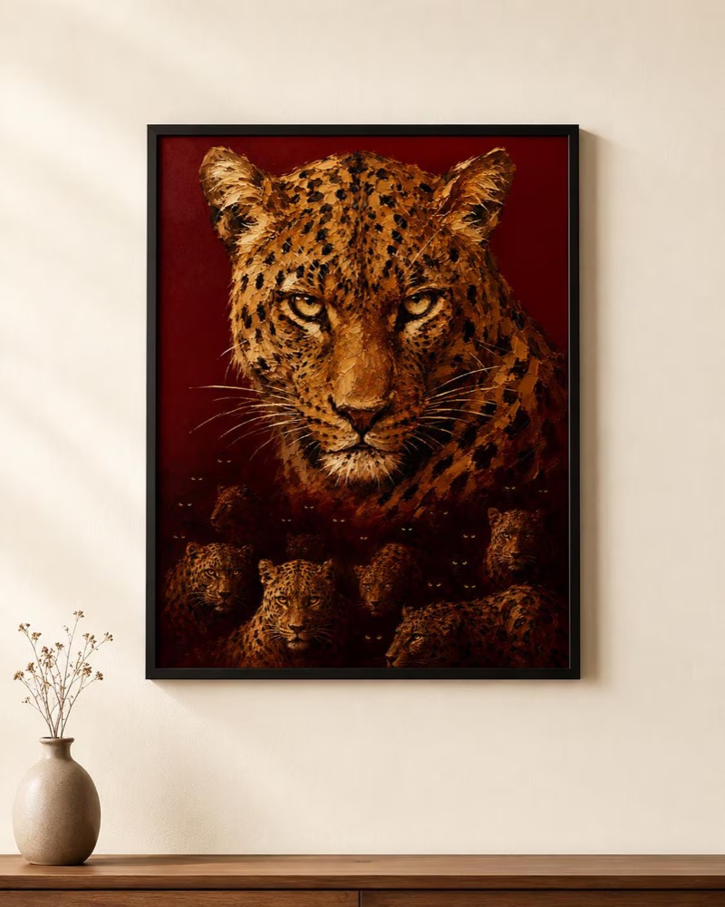 Leopard Poster with Hidden Leopards, Crimson Surreal Oil Painting Wall Art, 8x10 to 27x40