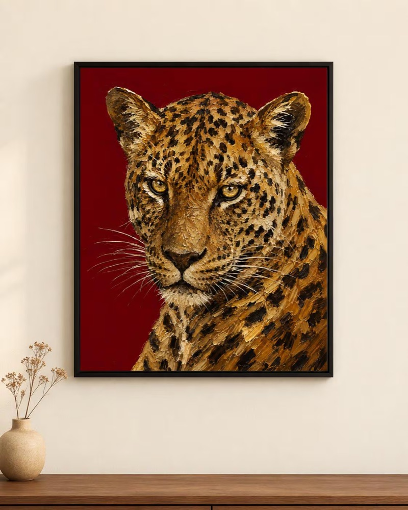 Leopard Oil Painting Poster, Crimson Red Maximalist Animal Wall Art, 8x10 to 27x40