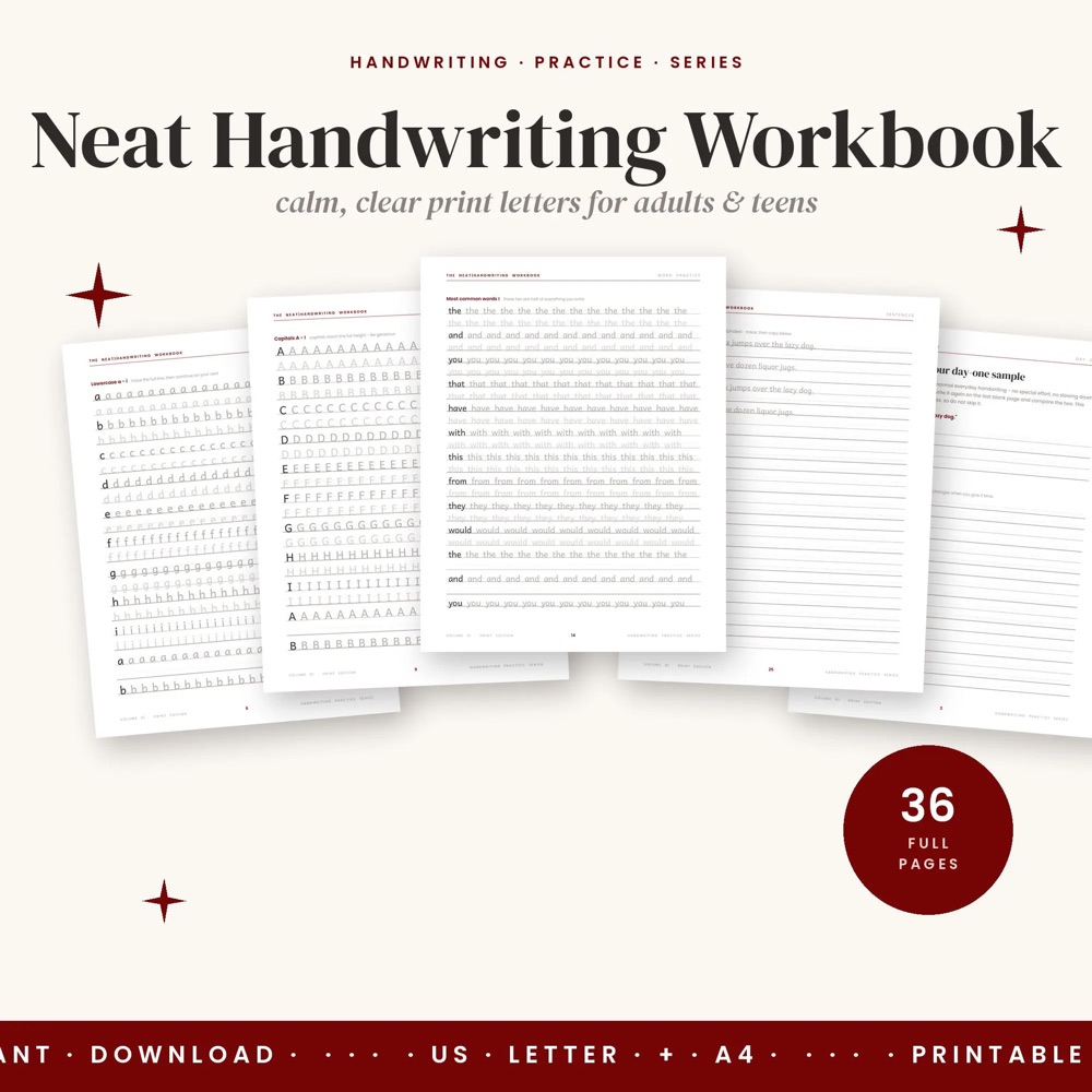 Neat Handwriting Practice Sheets for Adults, 36-Page Printable Penmanship Workbook PDF