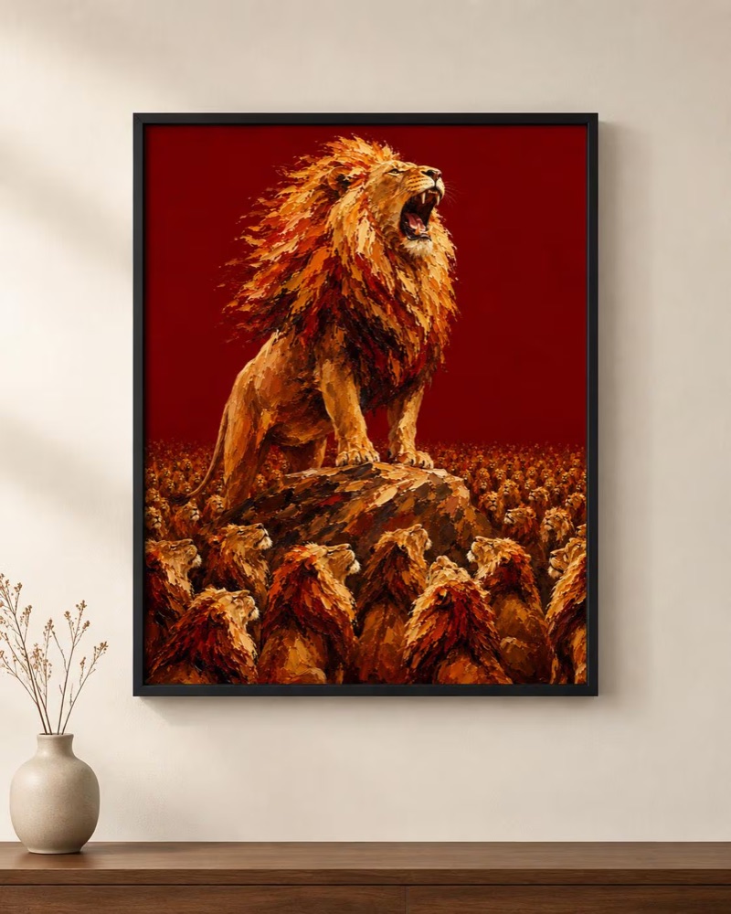 Roaring Lion Poster, King of the Jungle Crimson Oil Painting Wall Art, 8x10 to 27x40